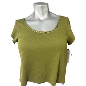 BP Babydoll Top Large Y2K Coquette Dark Olive Raw Hem Cropped Round Neck New